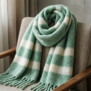 Mainit na mint green na may guhit na scarf sa isang taglamig na tagpuan. — Galaxy Watch Wallpaper