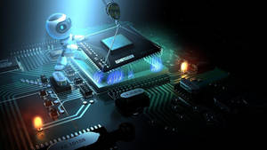 Robot holding microchip in computer motherboard wallpaper