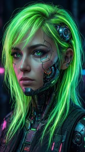 Isang larawan ng isang babaeng cyberpunk na may makulay na neon green na buhok at mga detalye ng cybernetic.