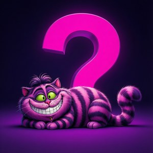 Cheshire Cat na may malaking tandang pananong sa isang makulay na kawalan. — Cheshire Cat Wallpaper