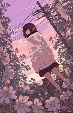 Nakakaakit na Tanawin ng Anime na may Lumulubog na Araw — Magandang anime Wallpaper