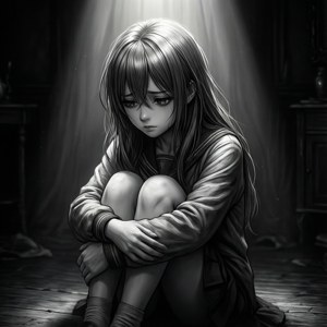 Isang malungkot na anime na babae na nakayakap sa isang madilim na silid na may dramatikong liwanag. — Malungkot na anime GIF Wallpaper