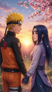 Romantikong wallpaper nina Naruto at Hinata sa ilalim ng mga cherry blossoms.