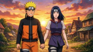 Sina Naruto at Hinata na naglalakad sa paglubog ng araw — Anime couple GIF Wallpaper