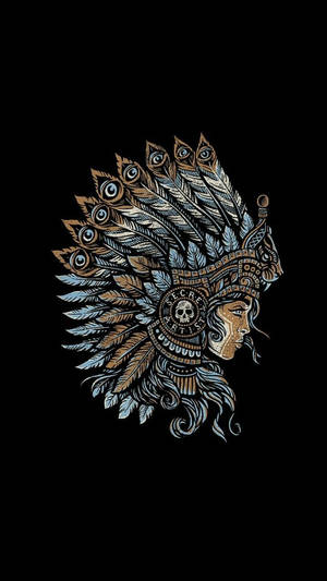 AMOLED wallpaper ng American Indian na may suot na asul na war bonnet.