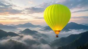 Isang neon dilaw na hot air balloon na lumulutang sa ibabaw ng maulap na mga bundok sa payapa na pakikipagsapalad na wallpaper.