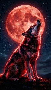 Mahiwagang wallpaper ng isang neon red na silweta ng lobo na umaangal sa pulang buwan.