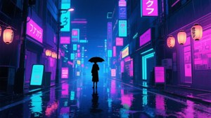Isang makulay na anime cityscape sa gabi na may mga neon lights at repleksyon ng ulan. — Anime scenery GIF Wallpaper