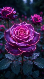 Kumikinang na pink at violet na neon roses sa isang madilim na hardin sa gabi. — Neon aesthetic Wallpaper
