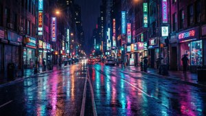 Kalye ng cyberpunk na lungsod sa gabi na may mga neon na ilaw at basang mga repleksyon.
