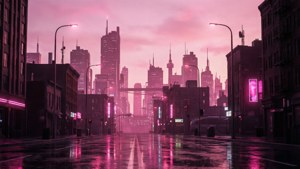 Isang light pink aesthetic na cityscape na may neon reflections. — Dusk Wallpaper