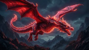 Epik na pantasyang wallpaper ng isang neon pulang dragon na lumilipad sa itaas ng madidilim na mga bundok.
