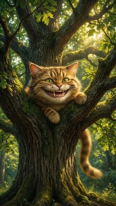 Makatotohanang Cheshire Cat na nakangiti sa isang puno ng oak na may sikat ng araw. — Cheshire Cat Wallpaper