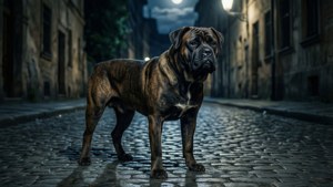 Isang mapagbantay na Cane Corso sa isang kalye na may ilaw ng buwan