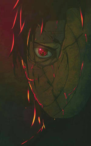 Masked Obito na tanging ang kanyang eye ay nagpapakita sa ilalim ng red light wallpaper. — Moto Pad Wallpaper