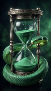 Isang ahas na nakapulupot sa isang pilak na oras, sumisimbolo ng oras at ambisyon. — Slytherin estetiko Wallpaper