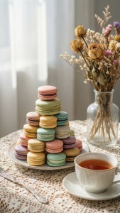 Isang maselang buhay na may mga macaron at tsaa, malambot na perpeksyong aesthetic.