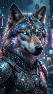 Isang cybernetic na lobo ng kalawakan na may kumikinang na mga circuit ang gumagala sa isang neon na cyberpunk na lungsod.