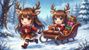 Mga chibi anime na babae bilang reindeer na humihila ng paragos na may mga regalo
