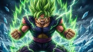 Isang dramatikong paglalarawan kay Broly sa kanyang Legendary Super Saiyan na anyo, na naglalabas ng kapangyarihan sa gitna ng yelo at pagkawasak. — Dragon ball super broly Wallpaper
