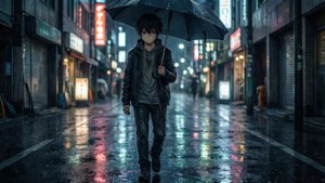 Isang malungkot na anime na lalaki ang naglalakad mag-isa sa maulan na lansangan ng lungsod sa gabi, nababasa.
