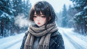 Isang anime na babae na nag-eenjoy sa maniyebeng tanawin ng taglamig.