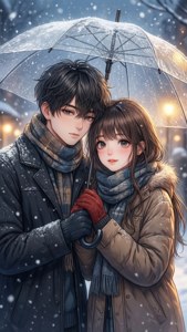 Magkasintunog na magkasintunog sa niyebe sa ilalim ng payong — Anime couple GIF Wallpaper