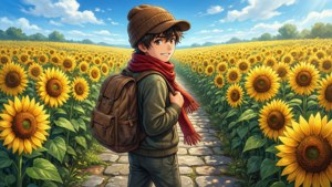 Isang anime na lalaki na naglalakad sa mga sunflower sa isang maliwanag na araw — Anime Kids Wallpaper