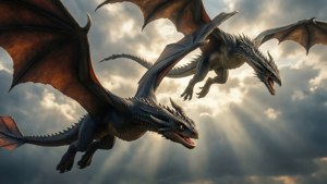 Tatlong dragon ang maringal na lumilipad sa mga ulap