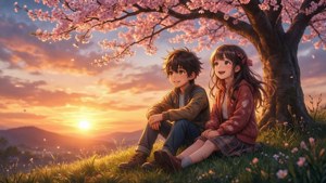 Dalawang batang anime ang nag-e-enjoy sa tahimik na paglubog ng araw sa ilalim ng mga puno ng cherry blossom. — Anime Kids Wallpaper