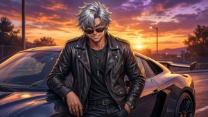 Isang naka-istilong anime na lalaki na nagpapapose kasama ang isang sports car sa paglubog ng araw. — Anime boy Wallpaper
