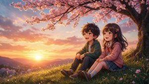 Dalawang batang anime ang nag-eenjoy sa tahimik na paglubog ng araw sa ilalim ng mga puno ng cherry blossom. — Anime Kids Wallpaper