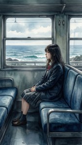 Si Rikako na nag-iisa sa tren, nakatingin sa karagatan