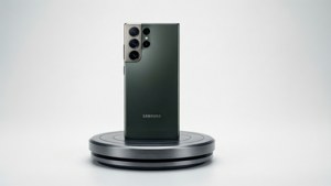 S24 Ultra sa isang product studio shot sa pedestal, malinis na puting background.