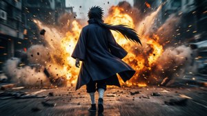 Mahinahong lumalakad si Itachi palayo sa isang malaking pagsabog
