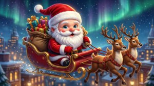 Si Santa na chibi anime na lumilipad sakay ng paragos kasama ang mga reindeer sa ibabaw ng isang lungsod sa gabi.