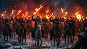 Sumusugod ang mga mandirigmang Dothraki laban sa Hukbo ng mga Patay gamit ang nagliliyab na mga espada