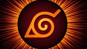 Makulay na kahel na Uzumaki spiral sa pula na may sinag ng araw para sa Naruto wallpaper