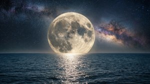 Isang payapang tanawin ng isang malaking buwan na sumisikat sa ibabaw ng tubig-dagat na may kalawakang kalangitan. — Galaxy moon Wallpaper
