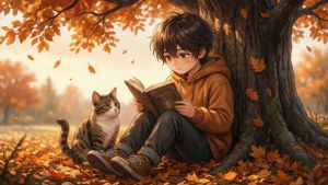 Isang batang anime na nagbabasa ng libro kasama ang pusa sa ilalim ng puno sa taglagas. — Anime Kids Wallpaper