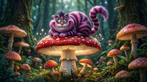 Si Cheshire Cat sa isang higanteng kabute sa isang mahiwagang kagubatan. — Cheshire Cat Wallpaper
