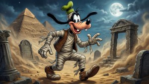 Si Goofy bilang isang mummy sa isang eksena ng Halloween na may temang Ehipto.
