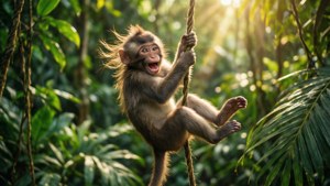 Masayang unggoy na sumasayaw sa isang baging sa isang makulay na gubat — Cute Monkey Wallpaper