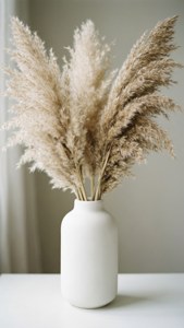 Puting plorera na may tuyong pampas grass, boho minimalist na estetika.