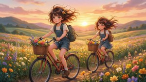Mga batang anime na nagbibisikleta sa isang makulay na bukid ng mga bulaklak sa paglubog ng araw — Anime Kids Wallpaper