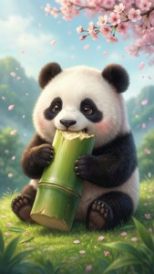 Kaibig-ibig na kawaii panda na nag-eenjoy sa kawayan sa tagsibol. — Kawaii Wallpaper