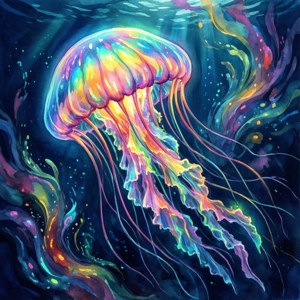 Isang watercolor jellyfish na may mga kulay bahaghari na kumikinang sa malalim na dagat