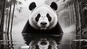 Double exposure ng panda na may repleksyon ng kagubatan, surreal na itim at puting wallpaper. — Cute Panda Wallpaper