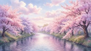 Isang tahimik na ilog na may linya ng maputlang cherry blossoms, malambot na aesthetic vibes.
