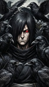 Si Itachi Uchiha na napapaligiran ng kanyang mga tanda na uwak sa isang madilim na pantasyang tagpuan. — Itachi Wallpaper